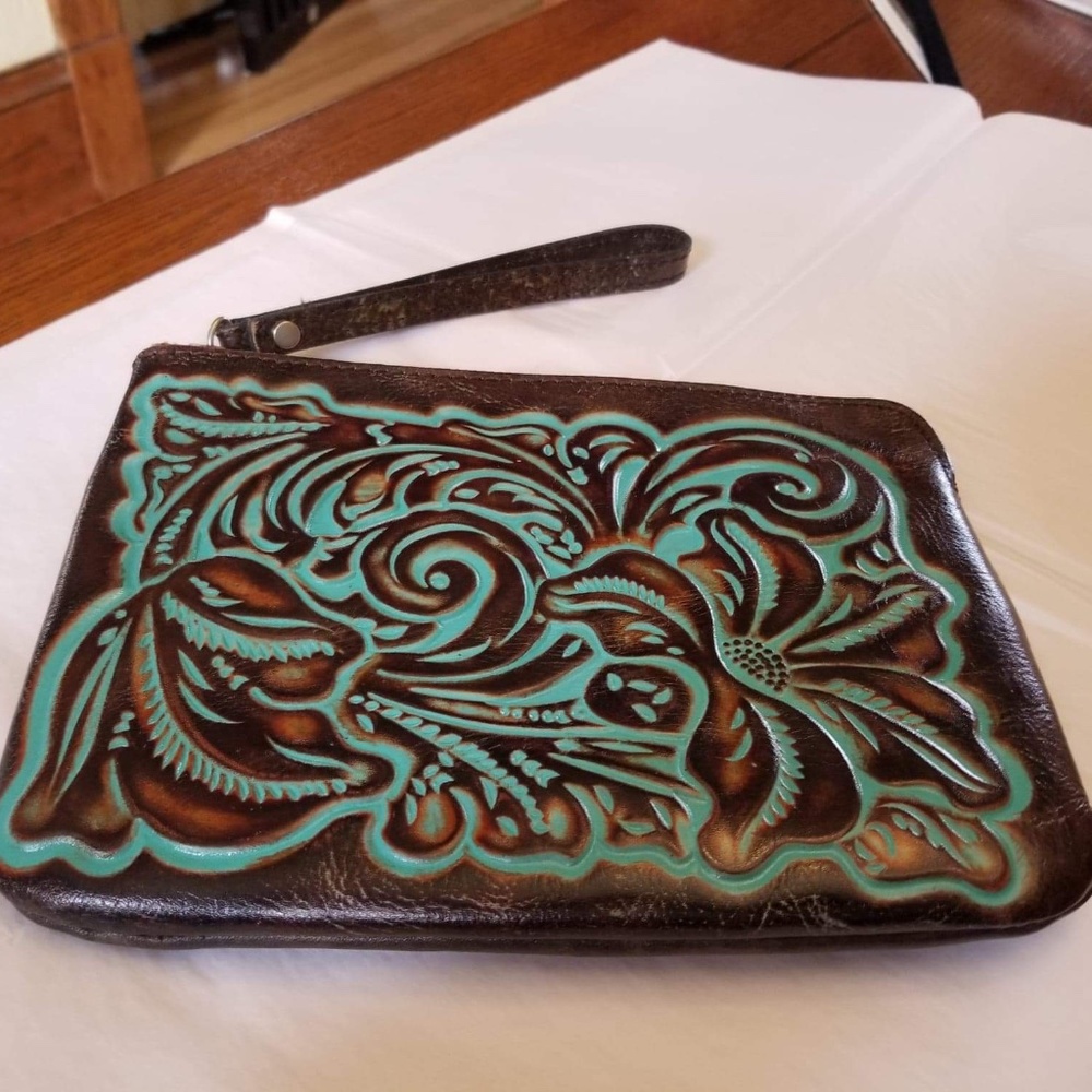 Patricia Nash Italian tooled leather Teal Clutch